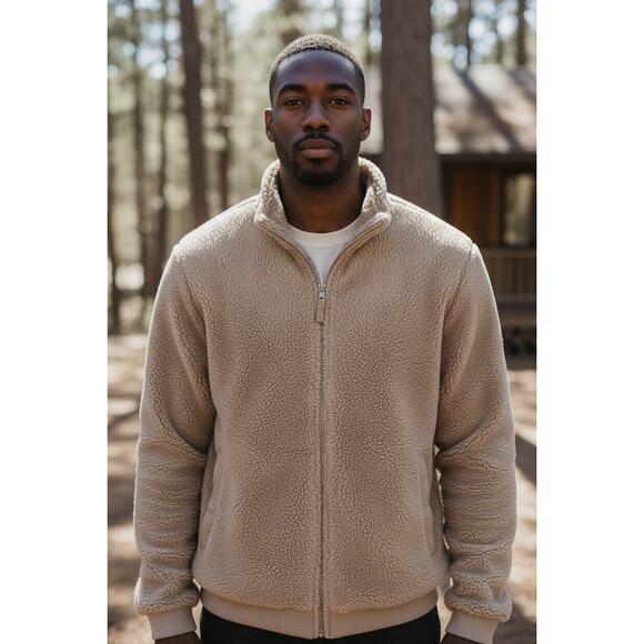 boohooMAN MAN Teddy Fleece Zip Jacket Tan Large Back Graphic - Picture 9 of 9